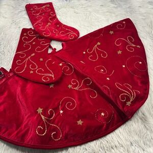 Unbranded Red Gold Velvet Beaded Star Christmas Tree Skirt and Stockings
